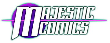 Majestic Comics Footer Logo is a large M with a line. The words Majestic above and Comics below. Colors of purple trim and white letters.